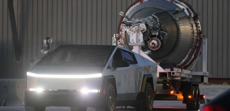Tesla Cybertruck Spotted Towing SpaceX Rocket Engine In New Video